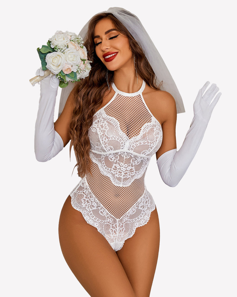 Mesh One Piece Halter Teddy Lingeries-Bodysuits - Tophatter Daily Deals