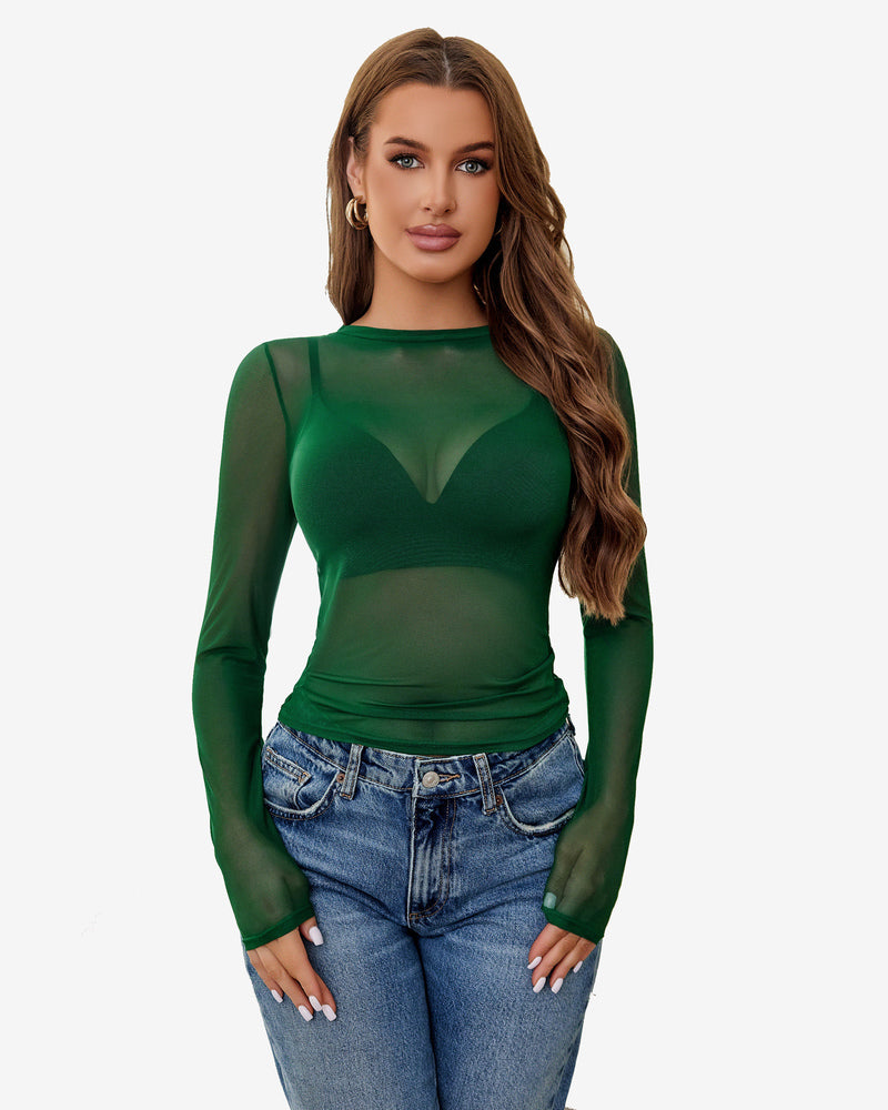 Sheer Blouse Hollow Drawstring Shirt Green Lingeries-Crop tops - Tophatter Daily Deals