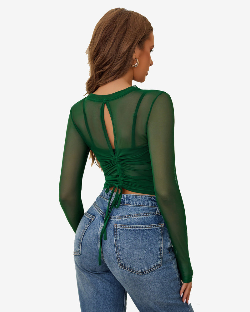 Sheer Blouse Hollow Drawstring Shirt Lingeries-Crop tops - Tophatter Daily Deals