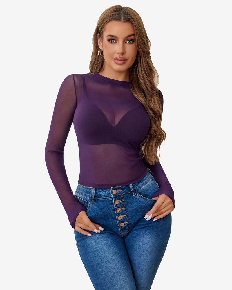 Sheer Blouse Hollow Drawstring Shirt Purple Lingeries-Crop tops - Tophatter Daily Deals