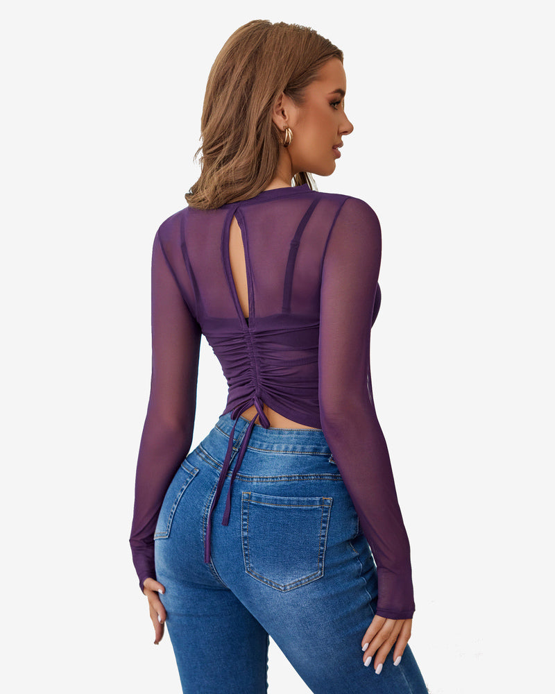 Sheer Blouse Hollow Drawstring Shirt Lingeries-Crop tops - Tophatter Daily Deals