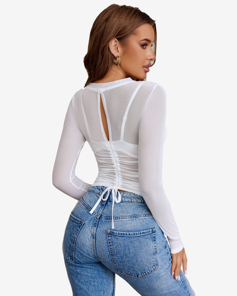 Sheer Blouse Hollow Drawstring Shirt Lingeries-Crop tops - Tophatter Daily Deals