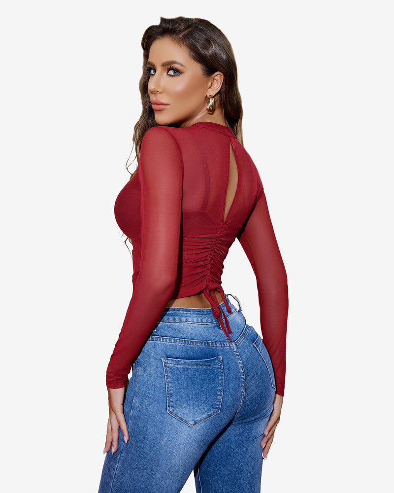 Sheer Blouse Hollow Drawstring Shirt Lingeries-Crop tops - Tophatter Daily Deals