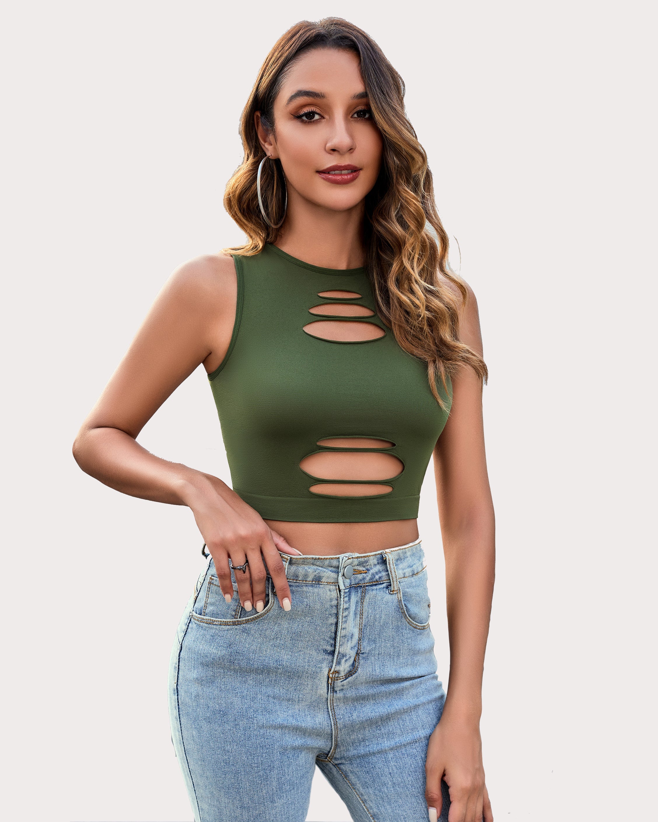 Fishnet Cut Out Crop Tank Top (DE Only) Olive Green One Size Lingeries-Crop tops - Tophatter Daily Deals