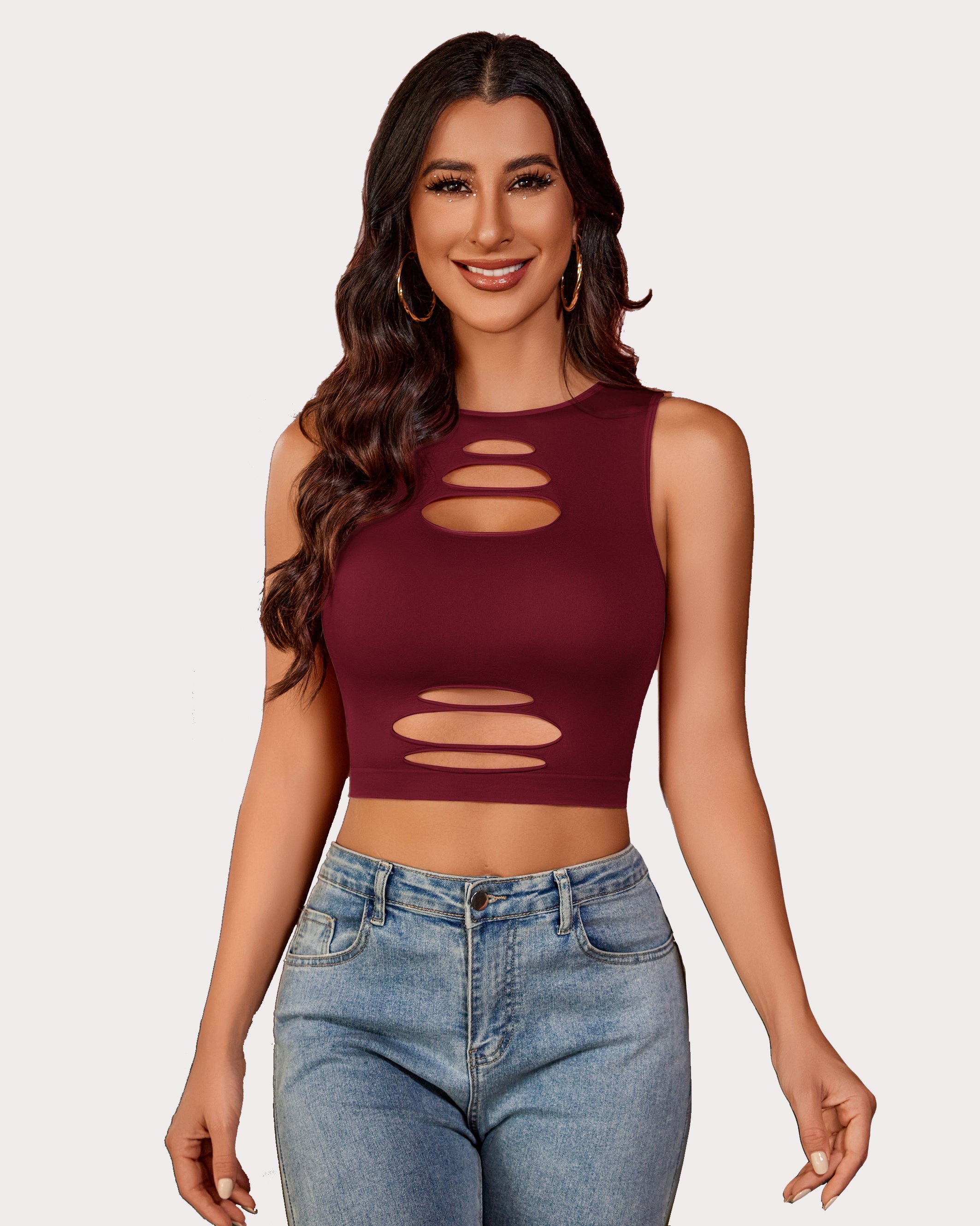 Fishnet Top Cut Out Crop Tank Top Dark Red One Size Lingeries-Crop tops - Tophatter Daily Deals