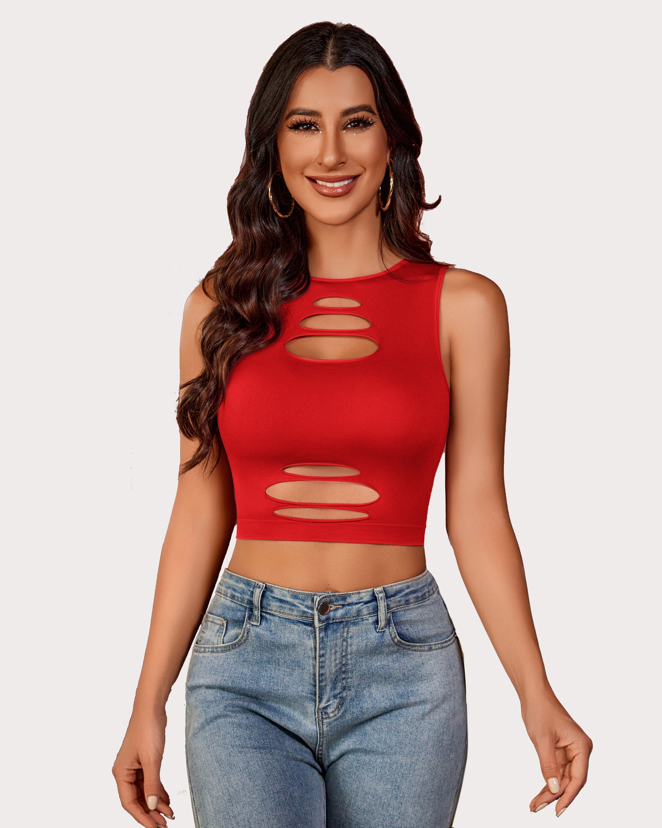 Fishnet Cut Out Crop Tank Top (DE Only) Red One Size Lingeries-Crop tops - Tophatter Daily Deals
