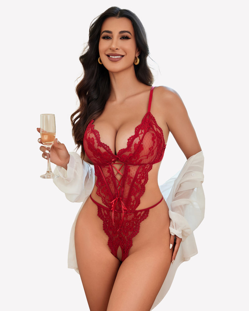Lace Teddy One Piece Lingerie Wine Red Lingeries-Bodysuits - Tophatter Daily Deals