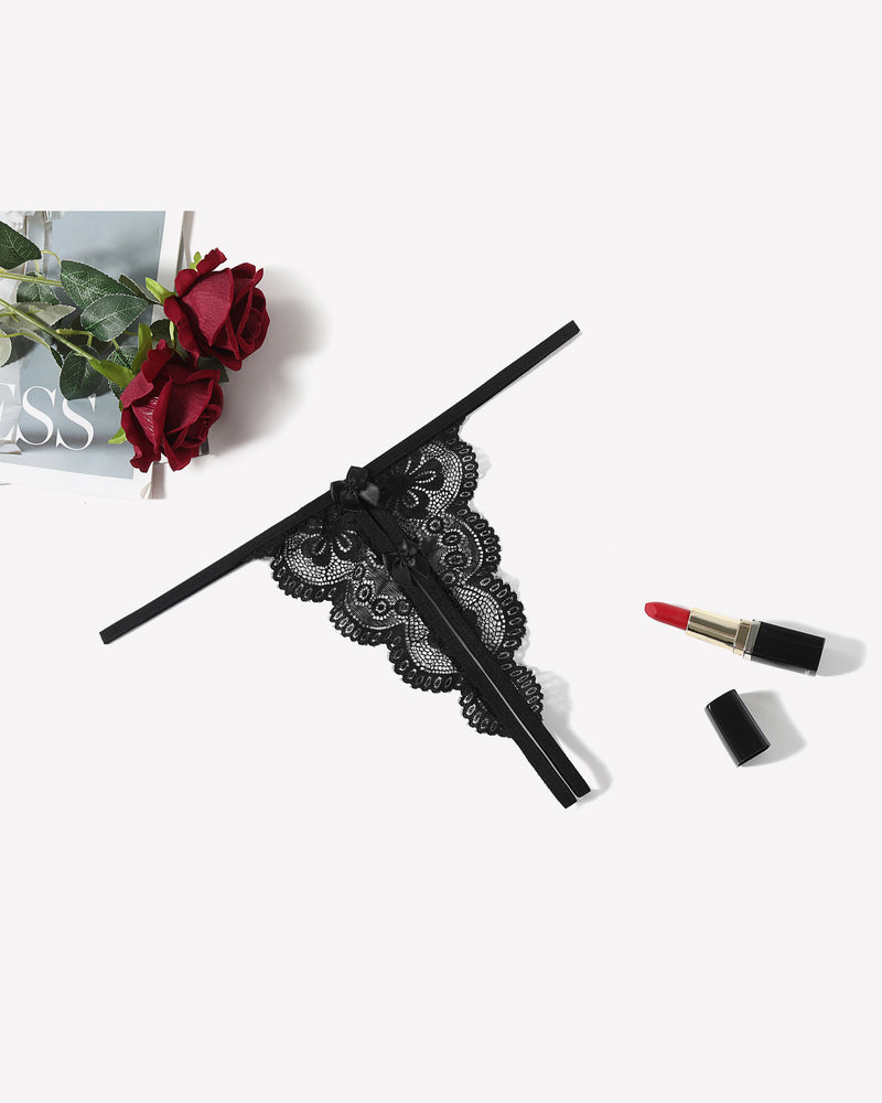 Lace Thongs Low Rise Bow Panties Black Lingeries-panties - Tophatter Daily Deals