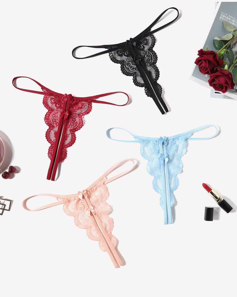 Lace Thongs Low Rise Bow Panties Black+Dark Red+Pink+Light Blue Lingeries-panties - Tophatter Daily Deals