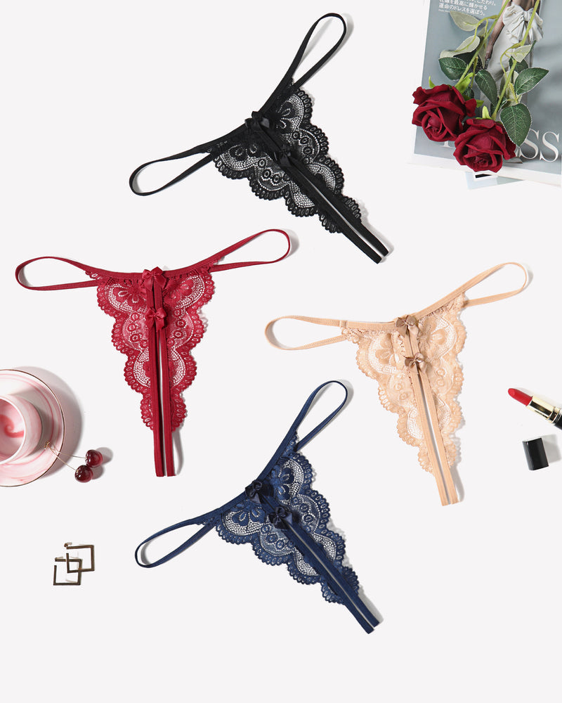 Lace Thongs Low Rise Bow Panties Black+Dark Red+Navy Blue+Beige Lingeries-panties - Tophatter Daily Deals