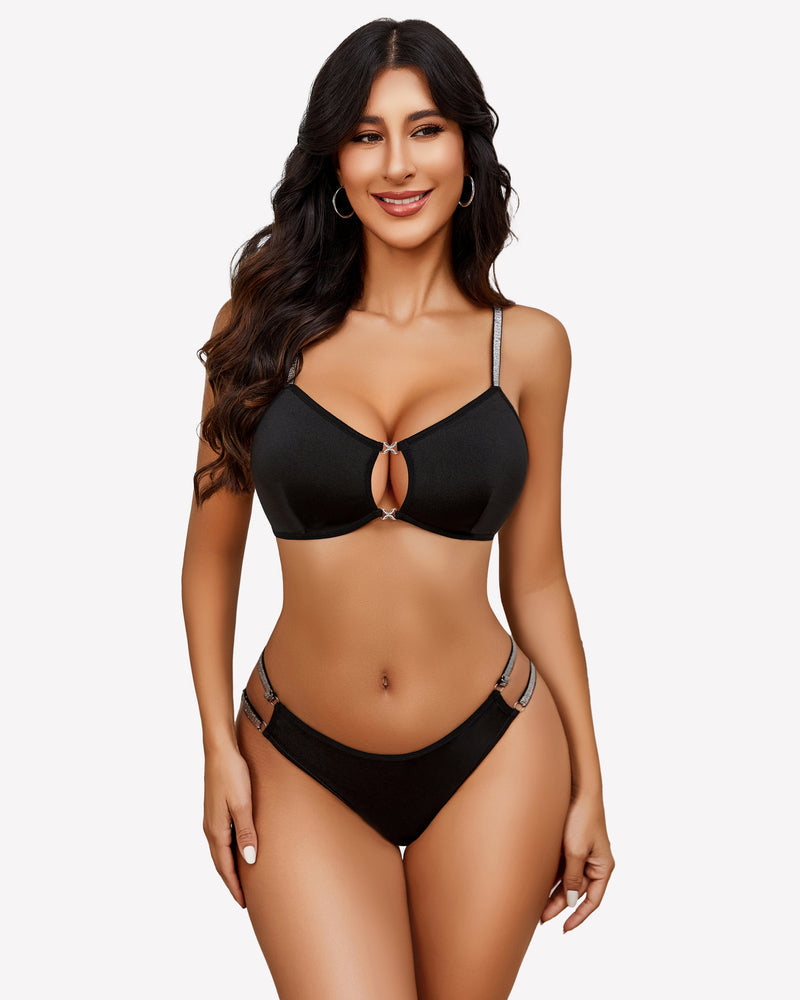 Push Up Cut Out Bra and Panty Set Black Lingerie Sets-Bra Sets - Tophatter Daily Deals