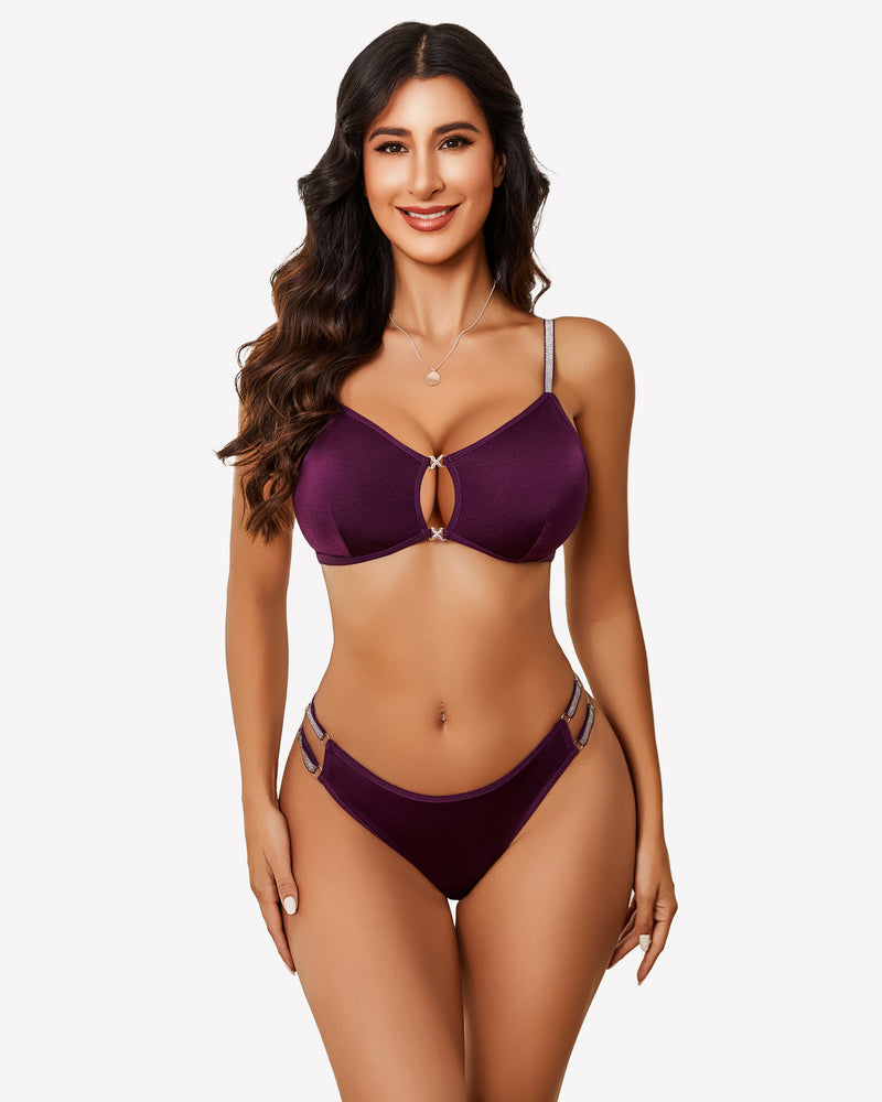 Push Up Cut Out Bra and Panty Set Purple Lingerie Sets-Bra Sets - Tophatter Daily Deals