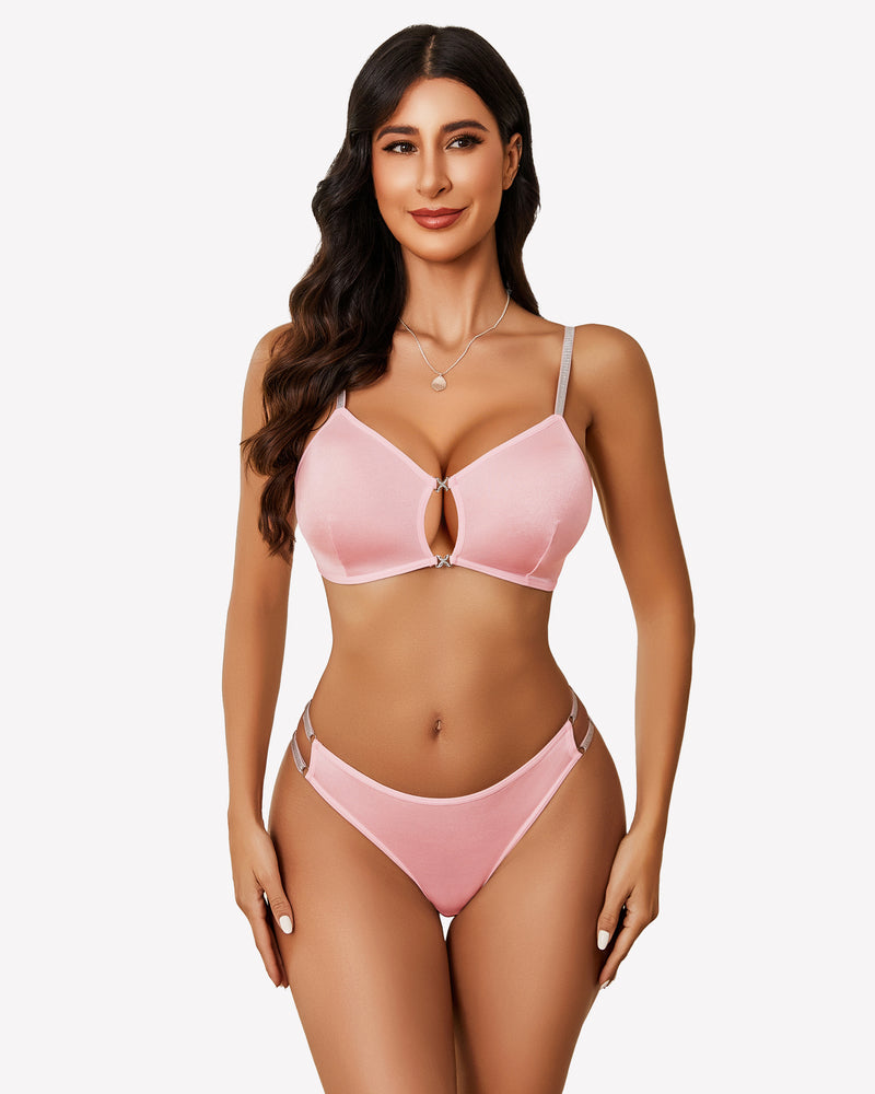 Push Up Cut Out Bra and Panty Set Pink Lingerie Sets-Bra Sets - Tophatter Daily Deals