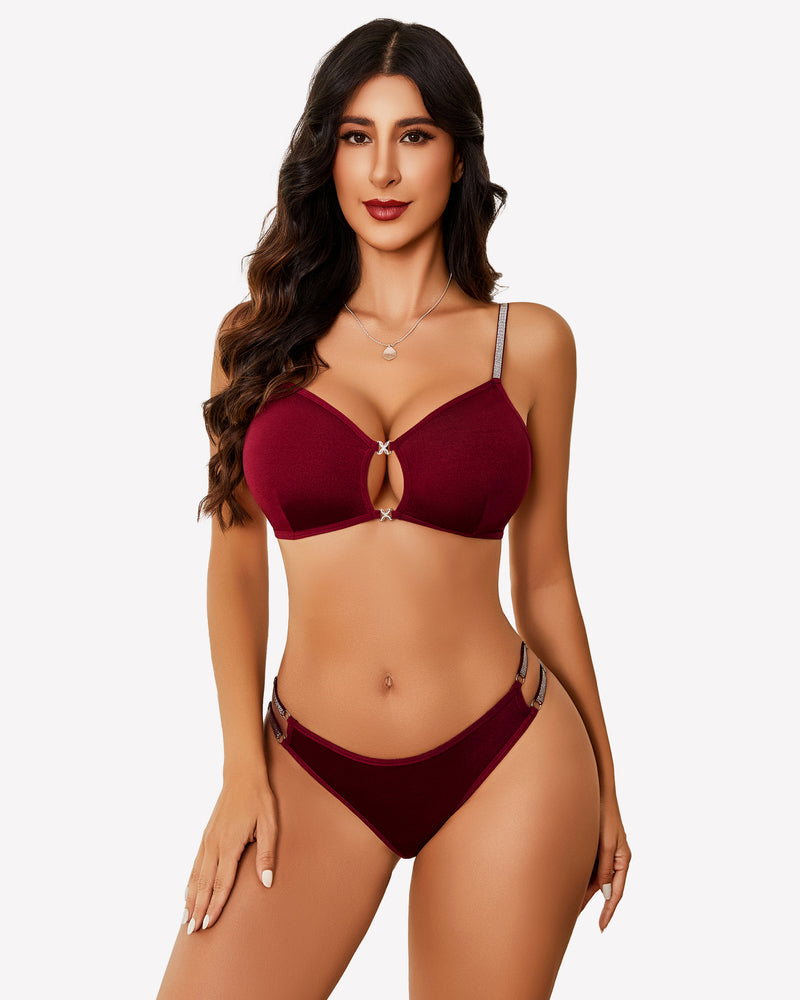 Push Up Cut Out Bra and Panty Set Wine Red Lingerie Sets-Bra Sets - Tophatter Daily Deals