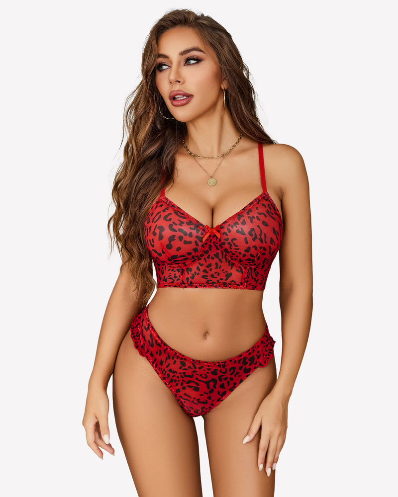 Mesh Bralette And Panty Sets Outfits Red Leopard Lingerie Sets-Bra Sets - Tophatter Daily Deals