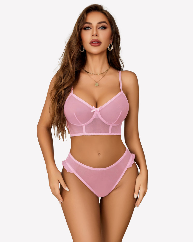 Mesh Bralette And Panty Sets Outfits Pink Lingerie Sets-Bra Sets - Tophatter Daily Deals
