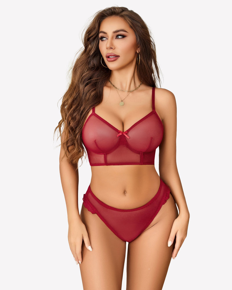 Mesh Bralette And Panty Sets Outfits Wine Red Lingerie Sets-Bra Sets - Tophatter Daily Deals