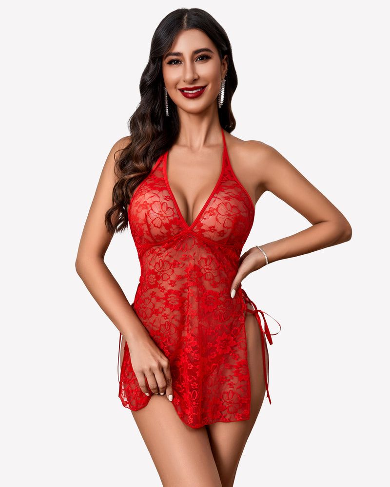 Deep Lace Side Slit Boudoir Outfits Red Lingeries-Chemises - Tophatter Daily Deals