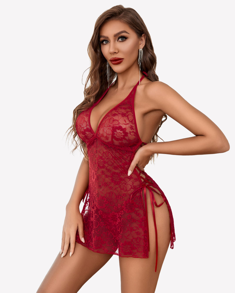 Deep Lace Side Slit Boudoir Outfits Wine Red Lingeries-Chemises - Tophatter Daily Deals