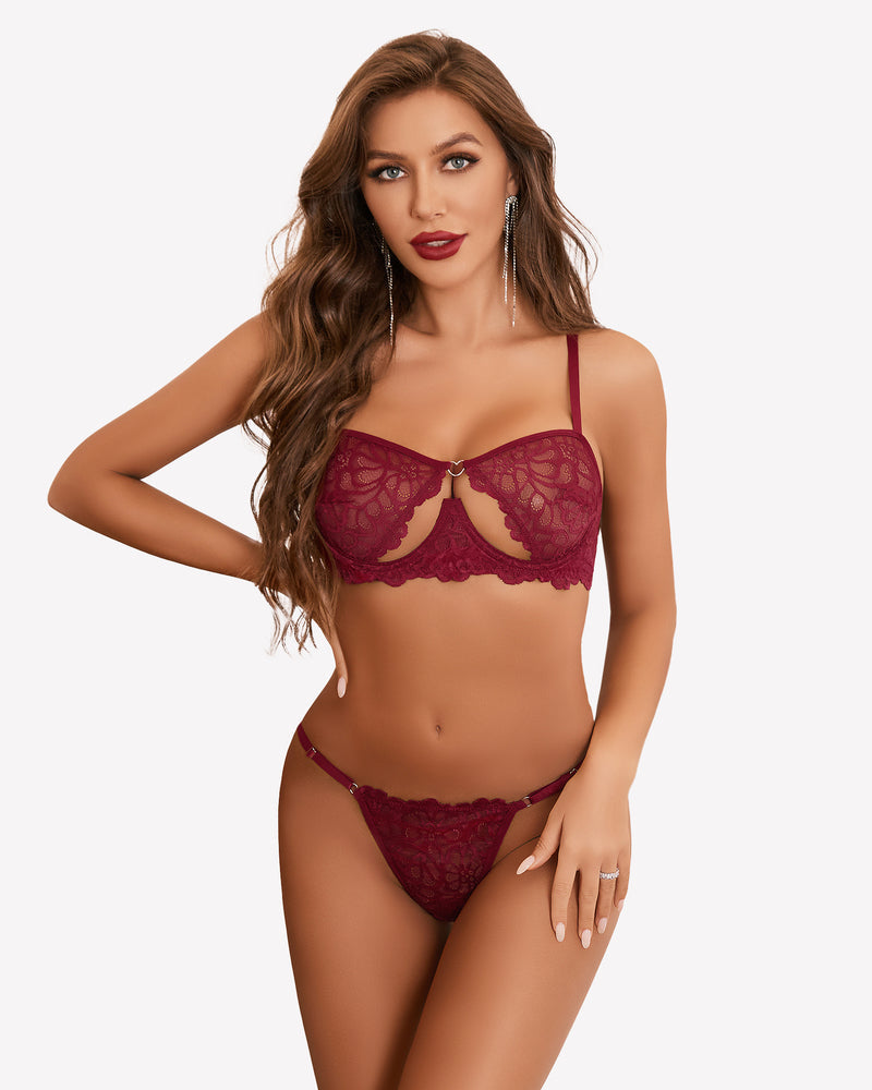 Push Up Half Cup Bra Sets Wine Red Lingerie Sets-Bra Sets - Tophatter Daily Deals