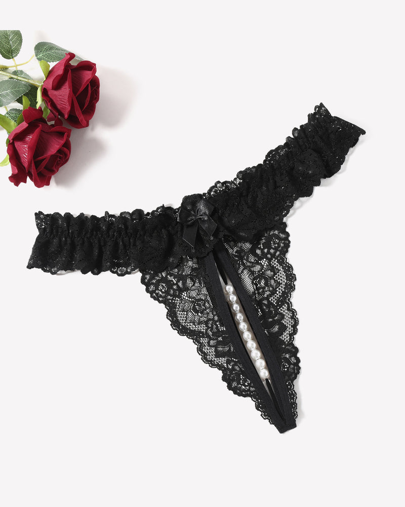 Lace Low Waist Thongs with Pearls Ball Black Lingeries-panties - Tophatter Daily Deals