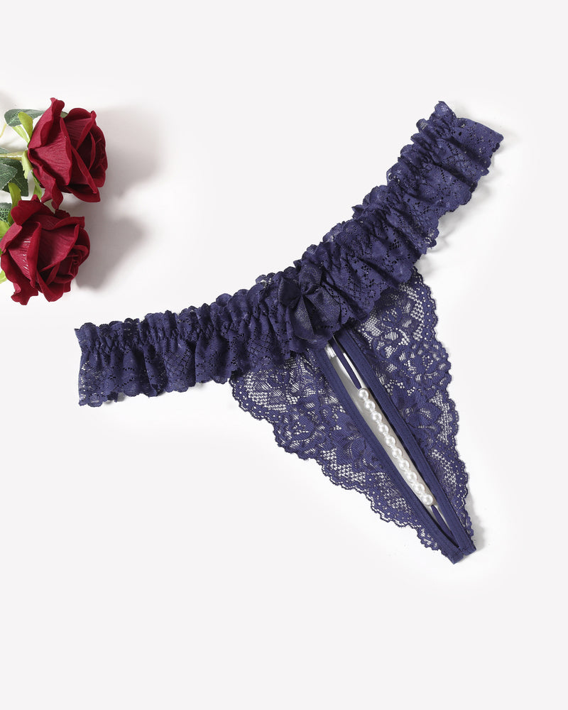 Lace Low Waist Thongs with Pearls Ball Navy Blue Lingeries-panties - Tophatter Daily Deals