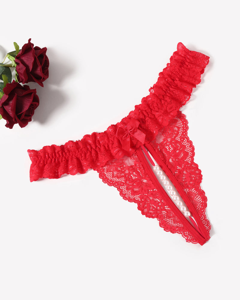 Lace Low Waist Thongs with Pearls Ball Carmine Red Lingeries-panties - Tophatter Daily Deals