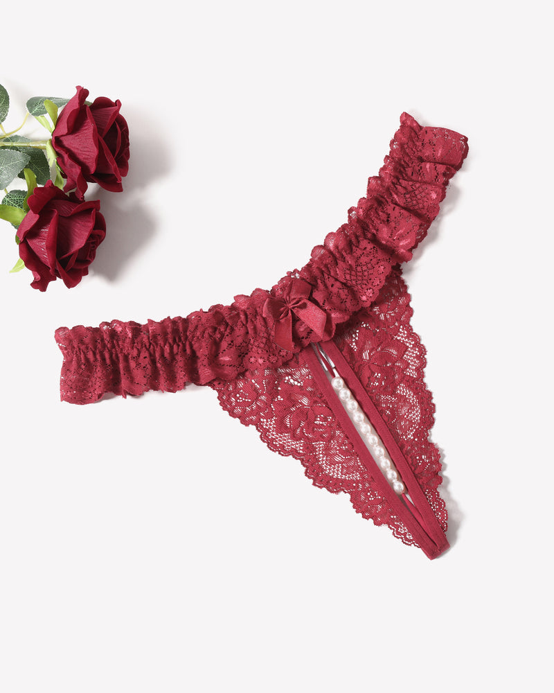 Lace Low Waist Thongs with Pearls Ball Cardinal Red Lingeries-panties - Tophatter Daily Deals