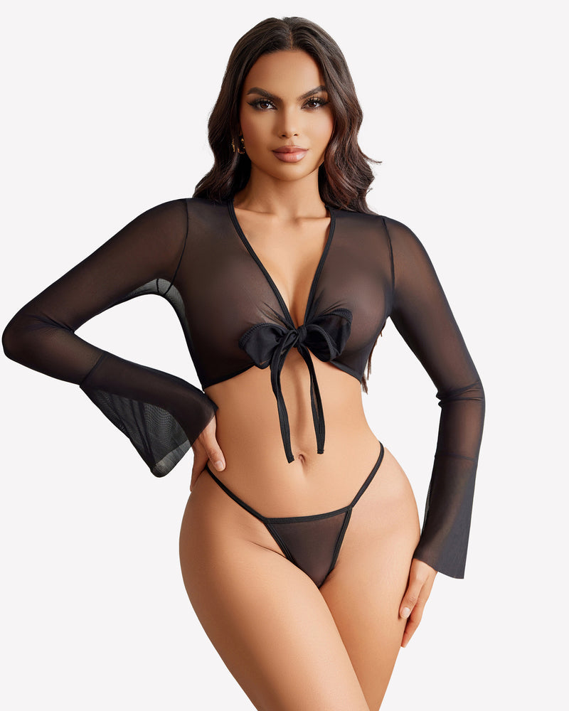 Sheer Crop Tops with G-String Black Lingeries-Crop tops - Tophatter Daily Deals