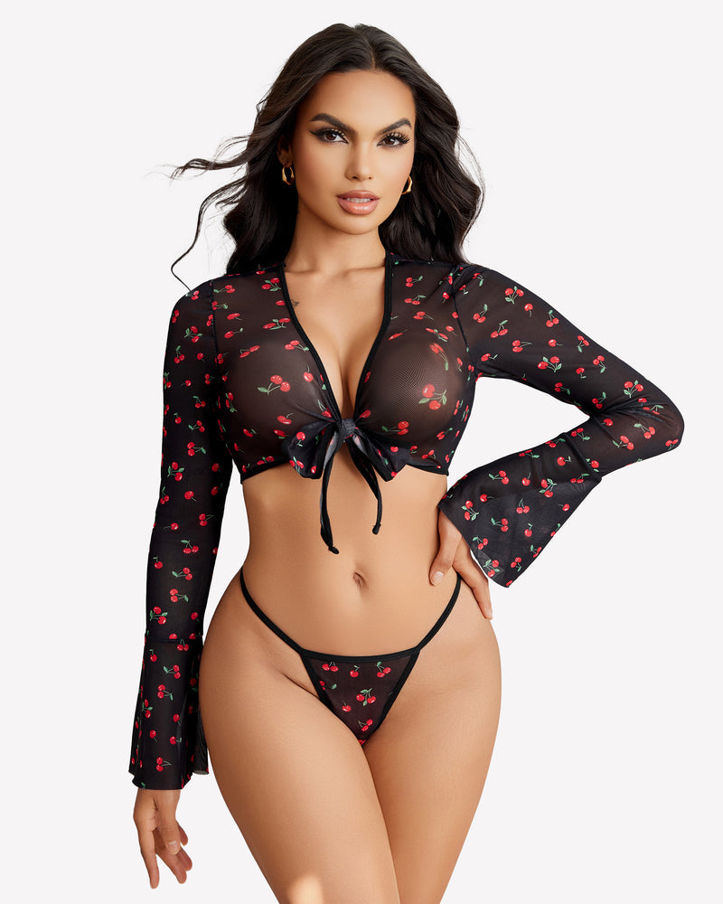 Sheer Crop Tops with G-String Cherry Lingeries-Crop tops - Tophatter Daily Deals