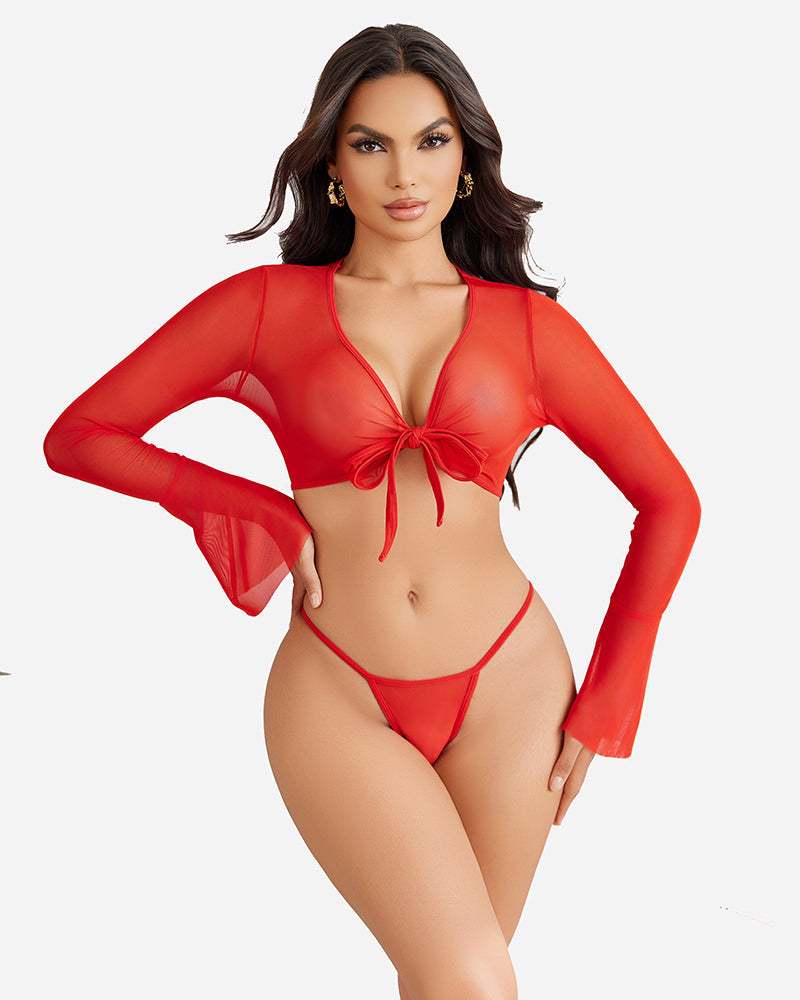 Sheer Crop Tops with G-String Red Lingeries-Crop tops - Tophatter Daily Deals