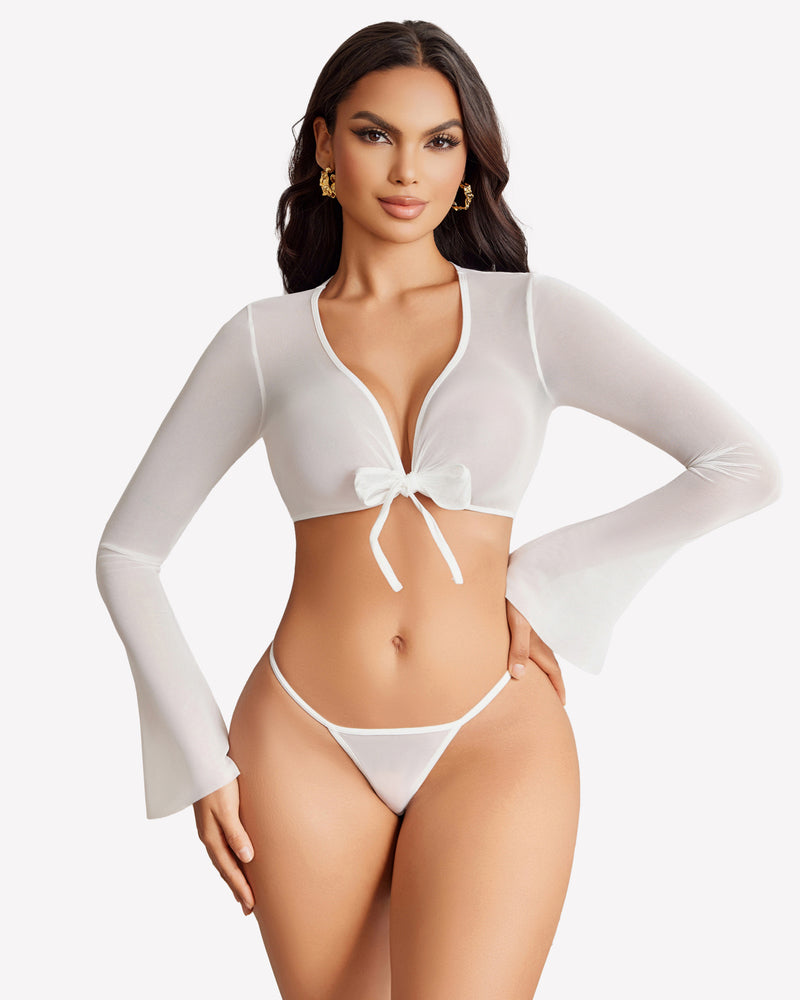 Sheer Crop Tops with G-String White Lingeries-Crop tops - Tophatter Daily Deals