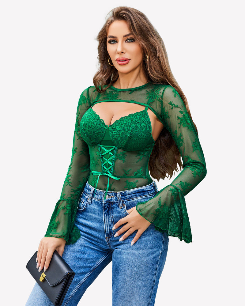 Lace Bodysuit with Crop Top Lingeries-Bodysuits - Tophatter Daily Deals
