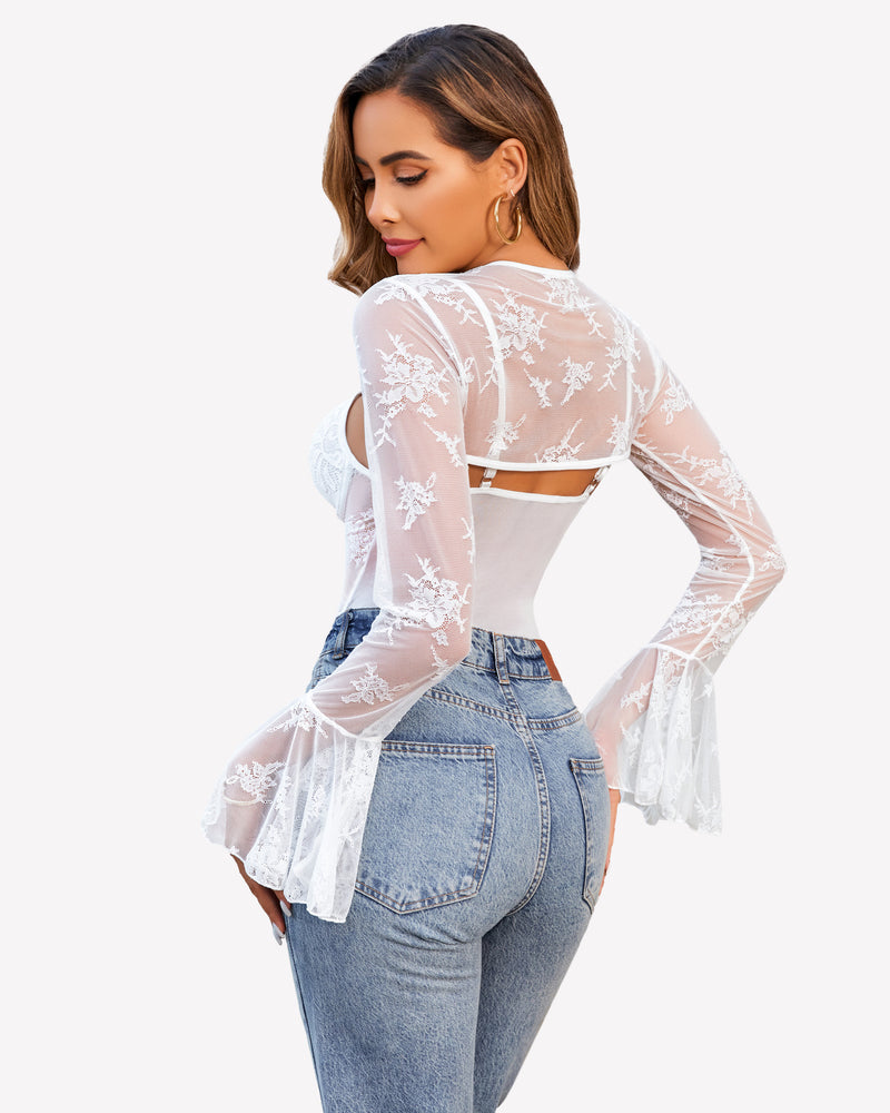 Lace Bodysuit with Crop Top Lingeries-Bodysuits - Tophatter Daily Deals