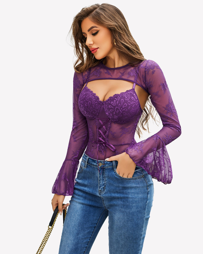Lace Bodysuit with Crop Top Lingeries-Bodysuits - Tophatter Daily Deals