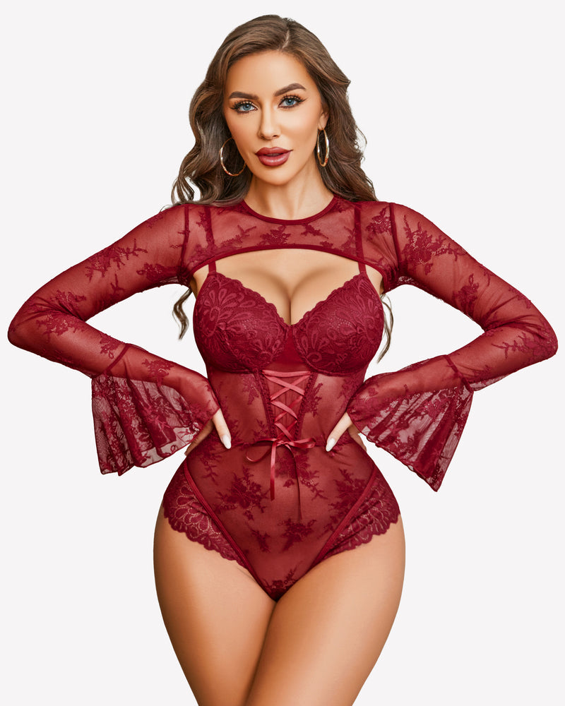 Lace Bodysuit with Crop Top Wine Red Lingeries-Bodysuits - Tophatter Daily Deals