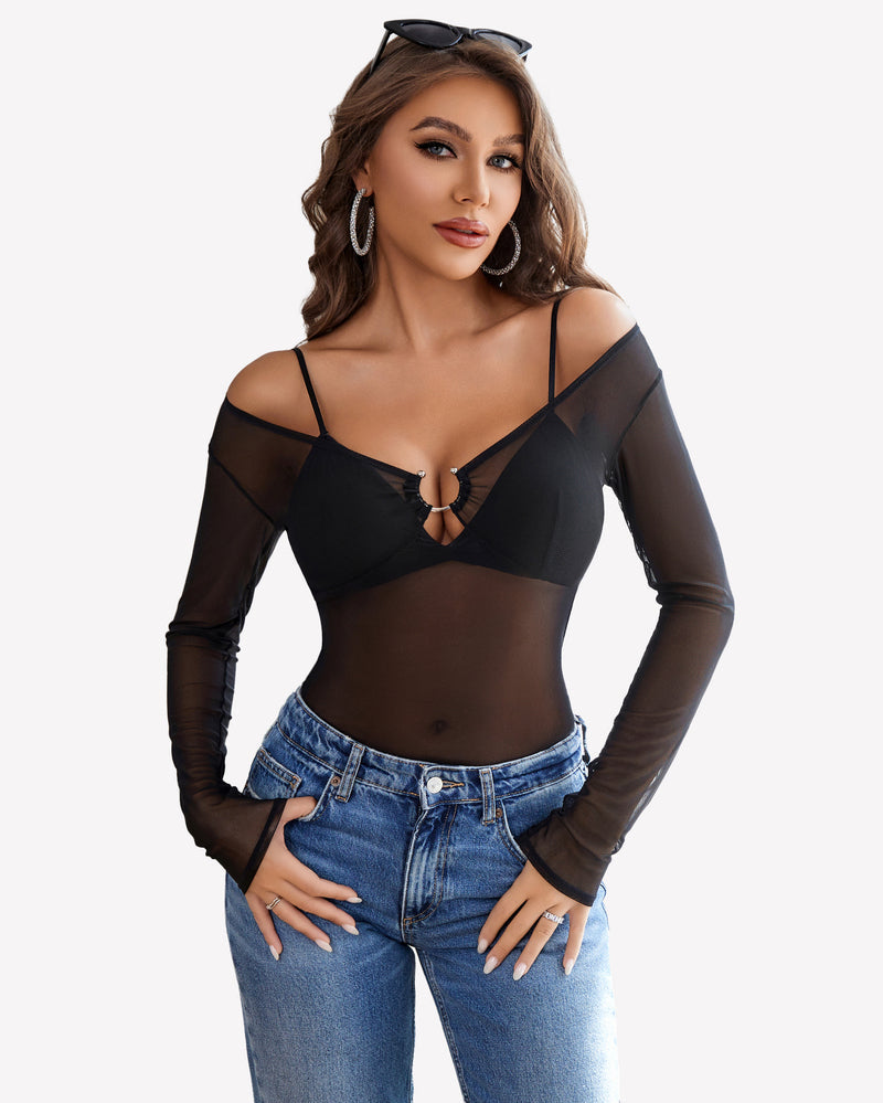 Mesh Long Sleeve Blouses Top Black Lingeries-Crop tops - Tophatter Daily Deals
