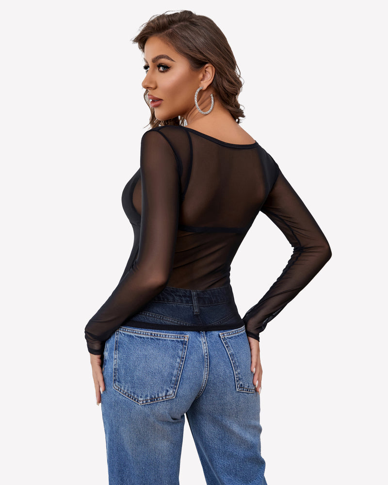 Mesh Long Sleeve Blouses Top Lingeries-Crop tops - Tophatter Daily Deals