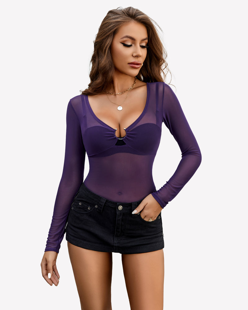 Mesh Long Sleeve Blouses Top Purple Lingeries-Crop tops - Tophatter Daily Deals