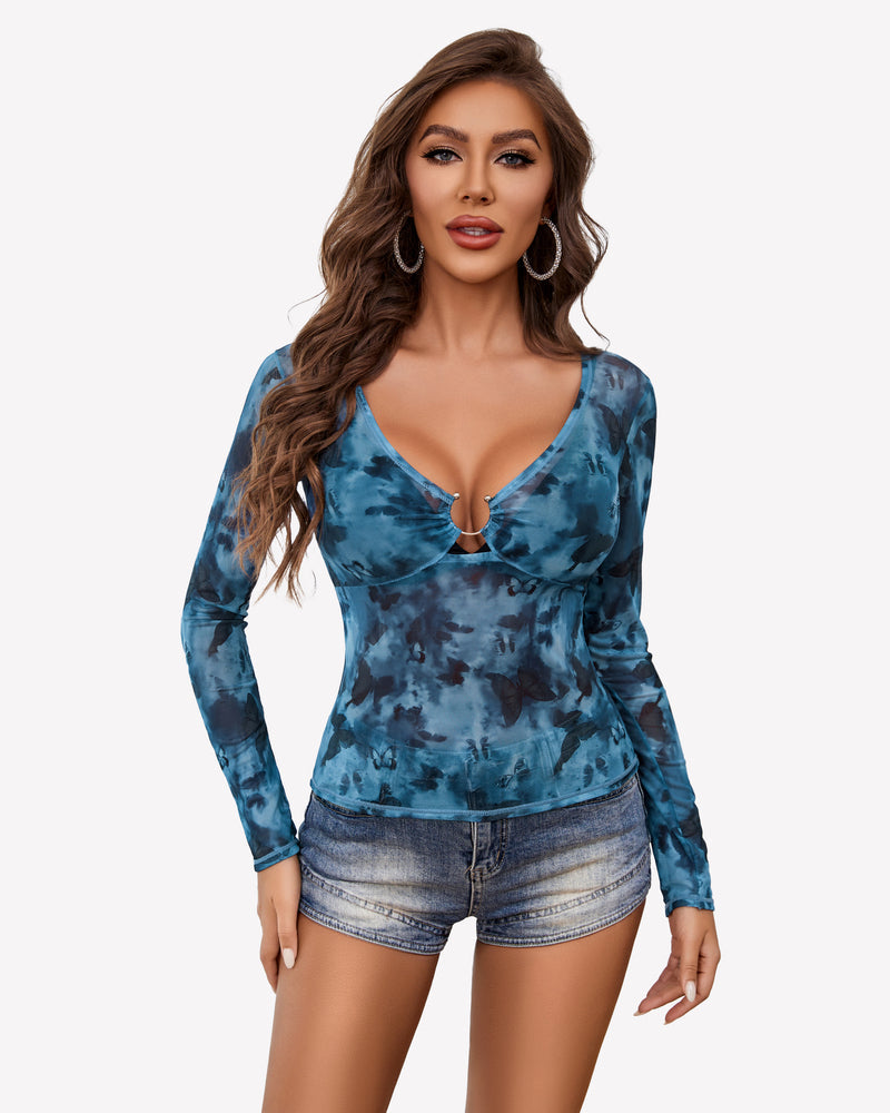 Mesh Long Sleeve Blouses Top Lingeries-Crop tops - Tophatter Daily Deals