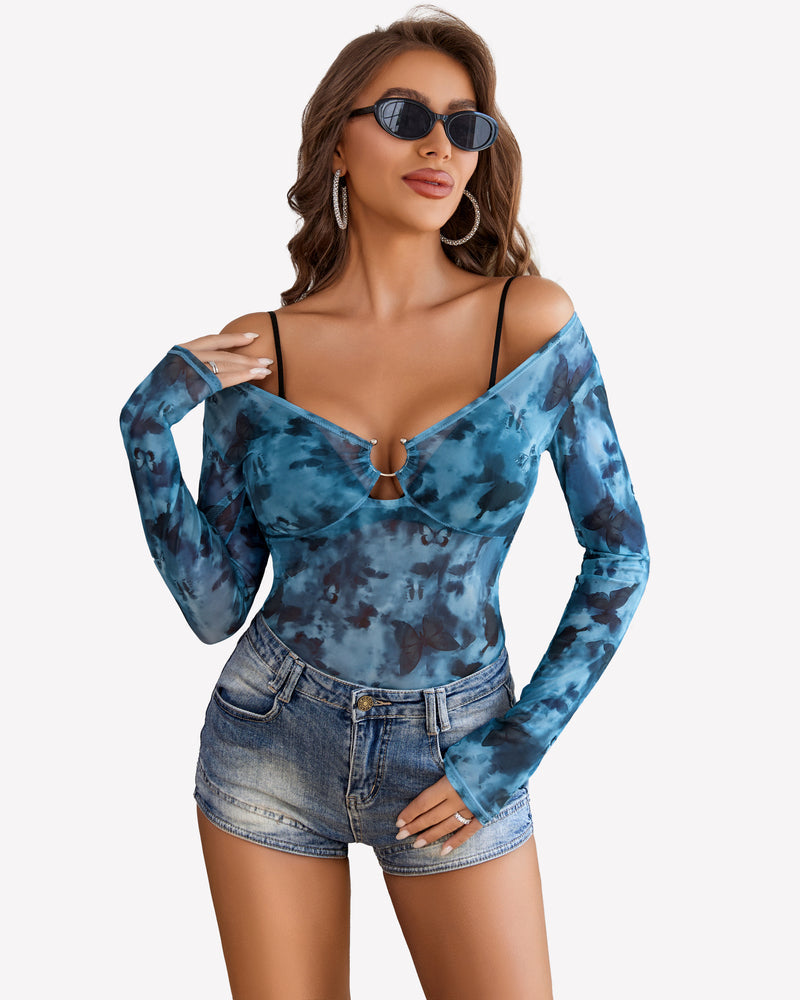 Mesh Long Sleeve Blouses Top Butterfly Lingeries-Crop tops - Tophatter Daily Deals