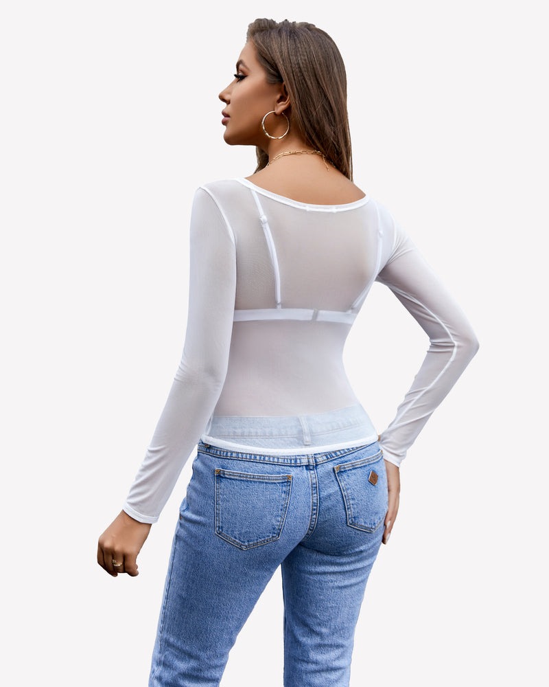 Mesh Long Sleeve Blouses Top Lingeries-Crop tops - Tophatter Daily Deals