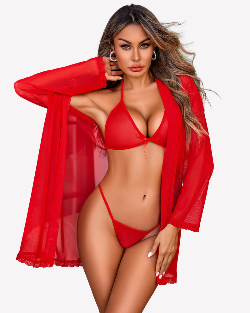 3 Piece Set Kimono Robe with Bra and Panty Red Lingerie Sets-Bra Sets - Tophatter Daily Deals