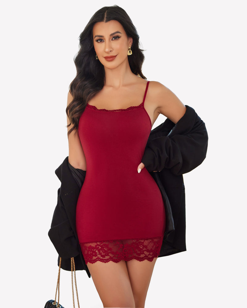 Lace Trim Mini Slip Modal Dress Wine Red Lingeries-Chemises - Tophatter Daily Deals