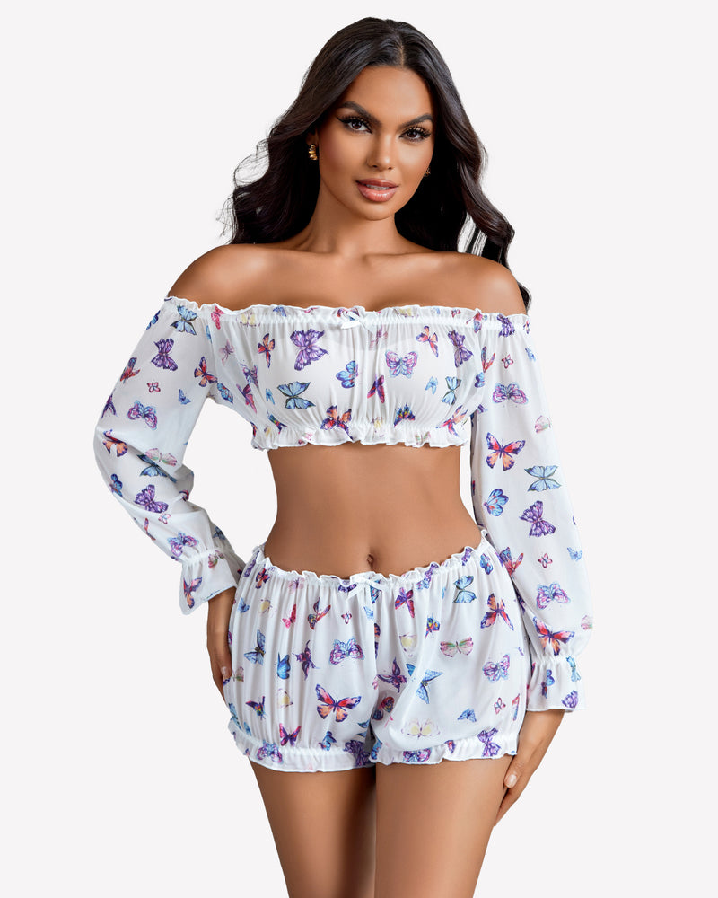 Off Shoulder Ruffle Bra and Panty Set Color Butterfly Lingeries-Crop tops - Tophatter Daily Deals
