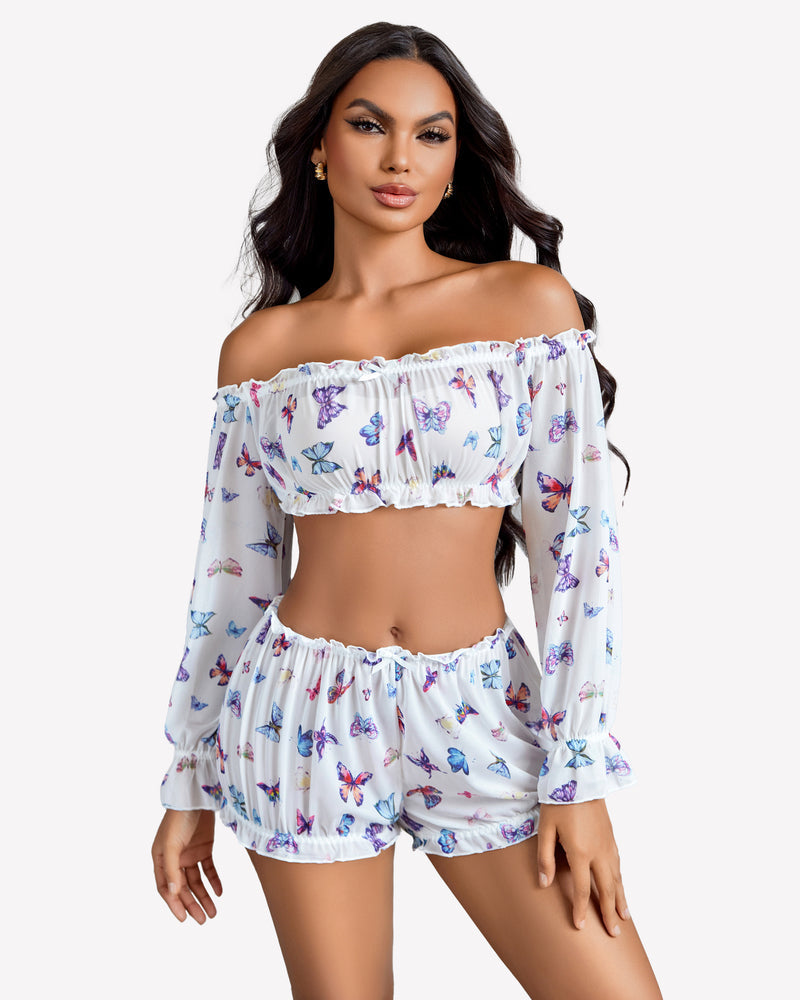 Off Shoulder Ruffle Bra and Panty Set Lingeries-Crop tops - Tophatter Daily Deals