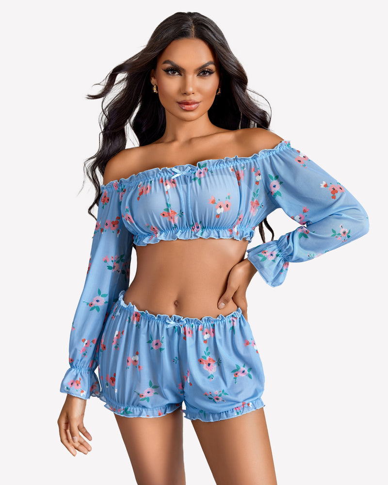 Off Shoulder Ruffle Bra and Panty Set Blue Flower Lingeries-Crop tops - Tophatter Daily Deals