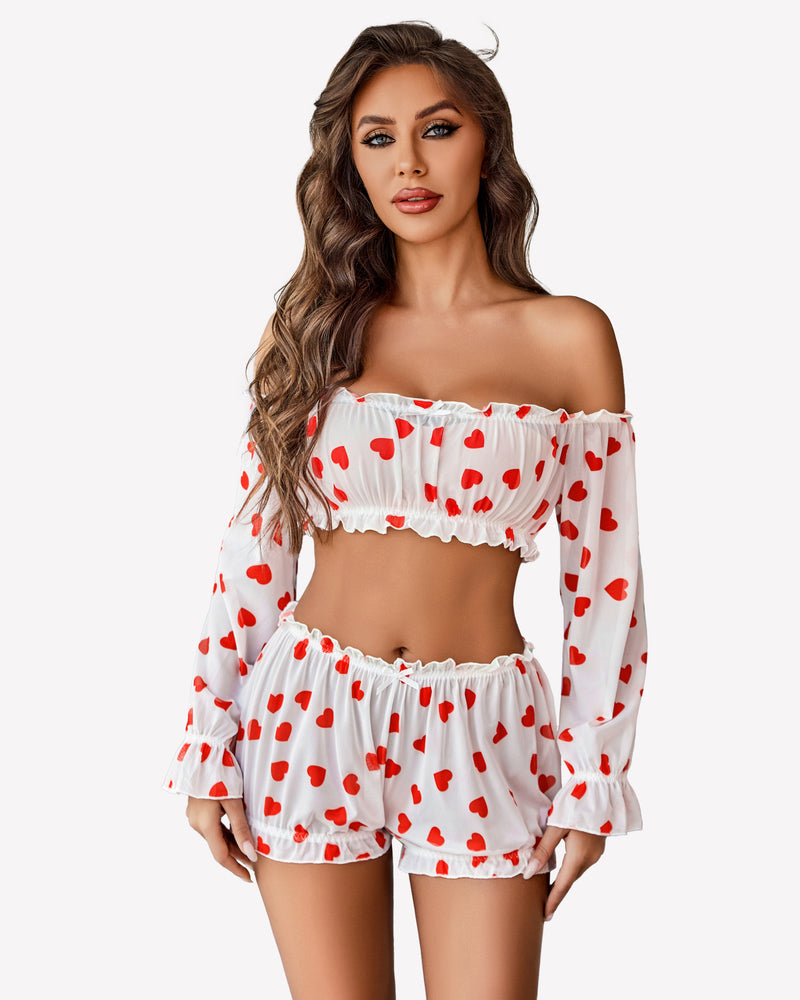 Off Shoulder Ruffle Bra and Panty Set White Heart Lingeries-Crop tops - Tophatter Daily Deals