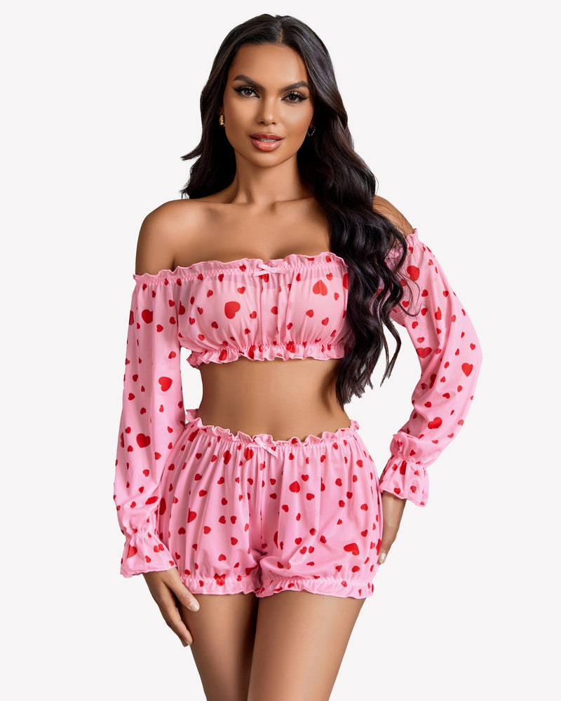 Off Shoulder Ruffle Bra and Panty Set Pink Heart Lingeries-Crop tops - Tophatter Daily Deals
