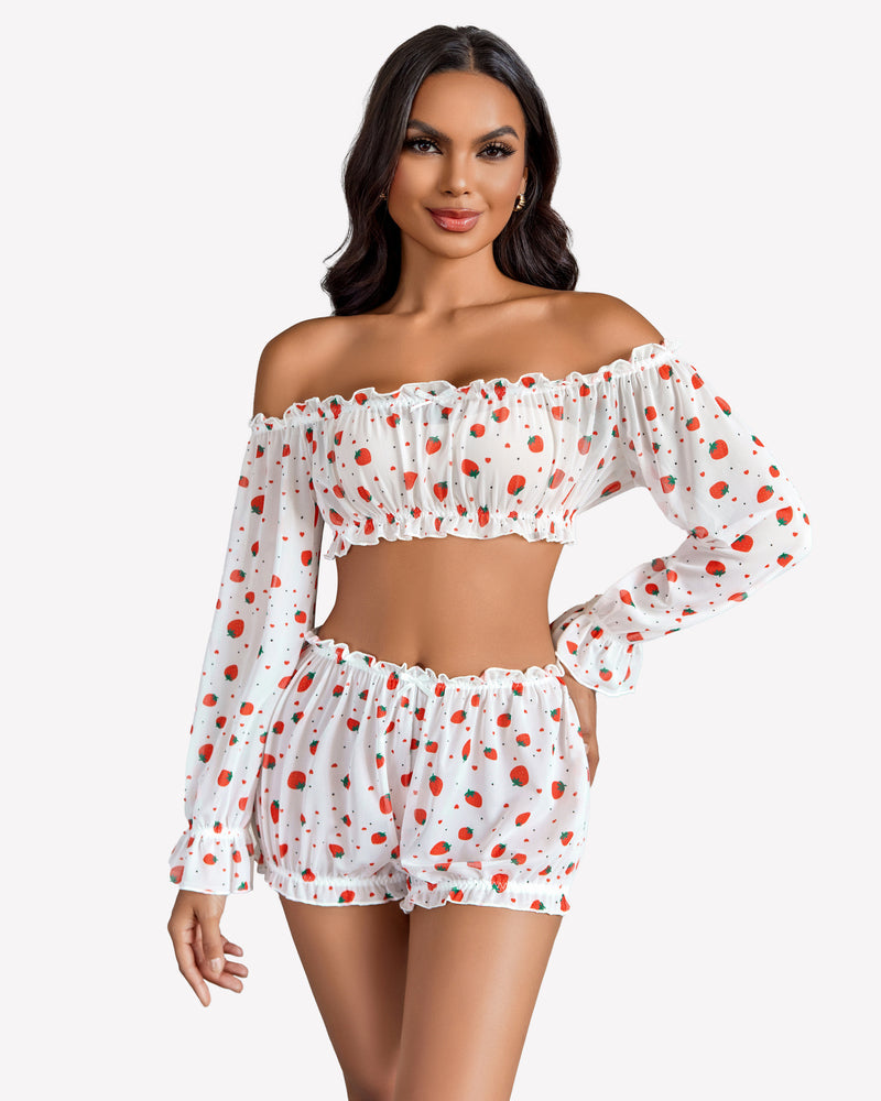 Off Shoulder Ruffle Bra and Panty Set Strawberry Lingeries-Crop tops - Tophatter Daily Deals